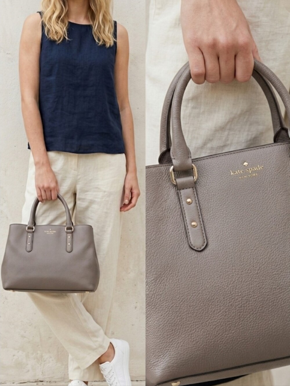 Kate Spade Larchmont Avenue Evangelie Satchel Leather Grease Grey Taupe - Picture 14 of 14